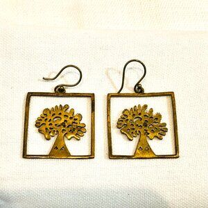 Tree of Life Portrait Earrings in Gold Tone Brass NWOT